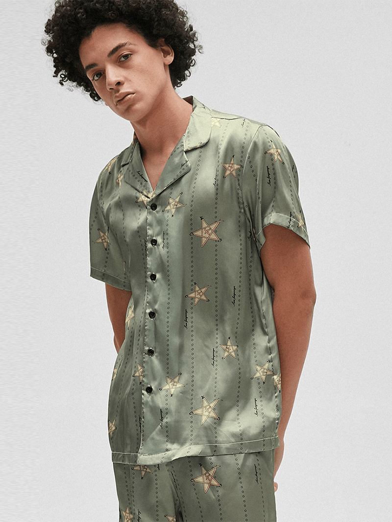 Män Funny Star Med Tryck Revere Krage Kortärmad Hem Silk Sovkläder Pyjamas Set