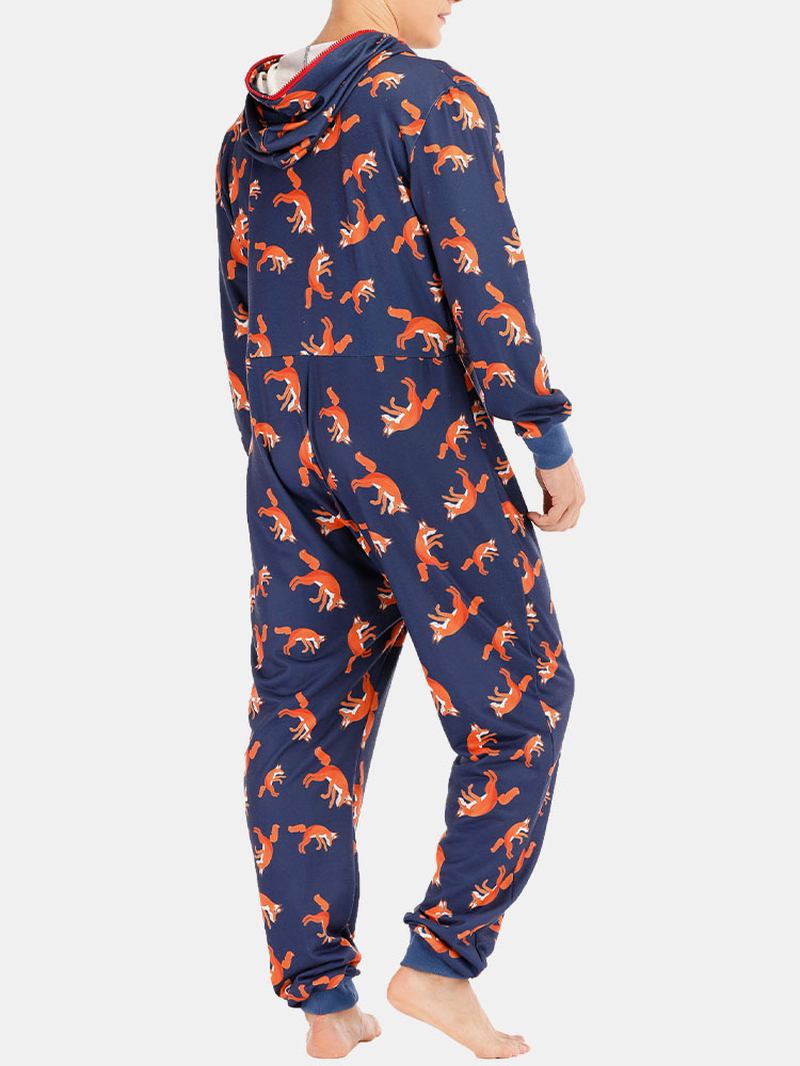 Män Funny Wolf Med Tryck Jumpsuit Loungewear Royal Blue Hooded Onesies Med Fickor