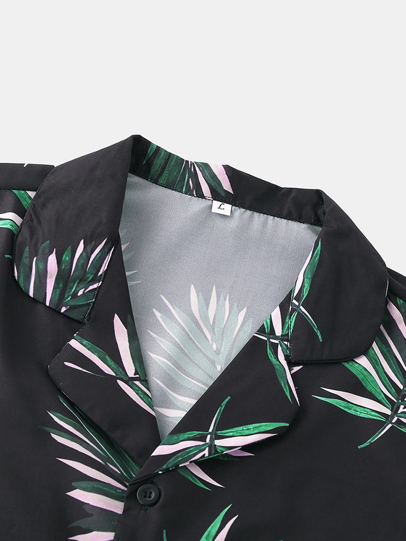 Män Metasequoia Med Tryck Revere Krage Elastisk Midja Lös Pyjamas Set Sovkläder