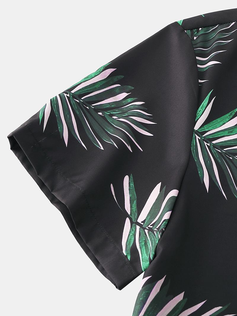 Män Metasequoia Med Tryck Revere Krage Elastisk Midja Lös Pyjamas Set Sovkläder