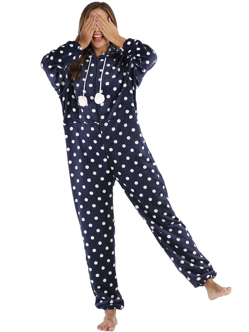 Marinblå Polka Dot Front Hoodie Jumpsuit Casual Pyjamas Set