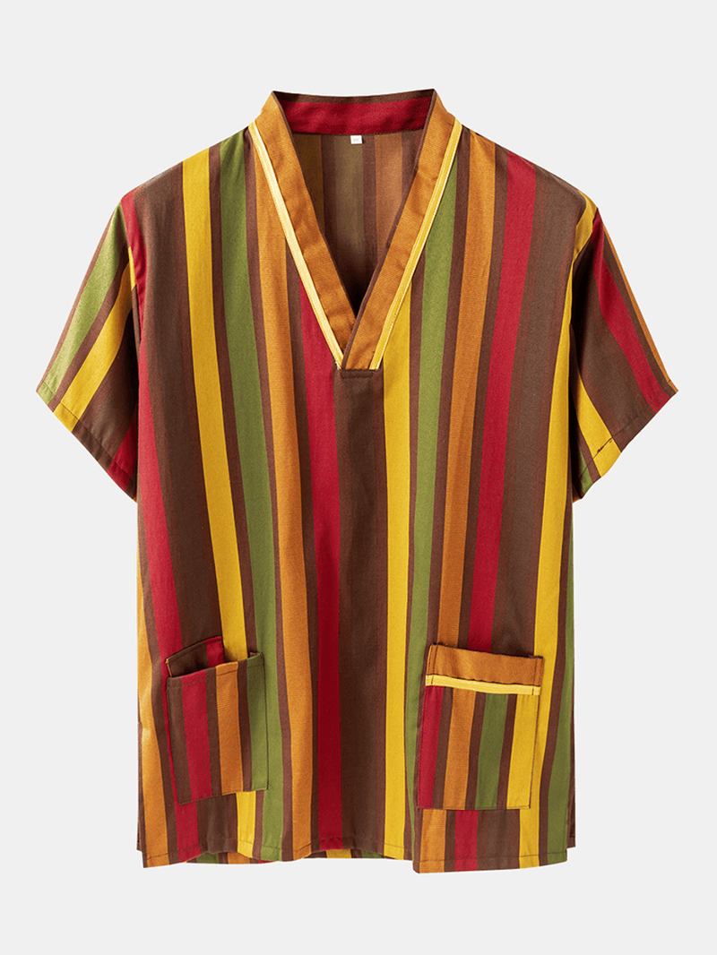 Par Färgglada Stripe Dubbla Fickor Andas Pyjamas Set Hotel Badkläder