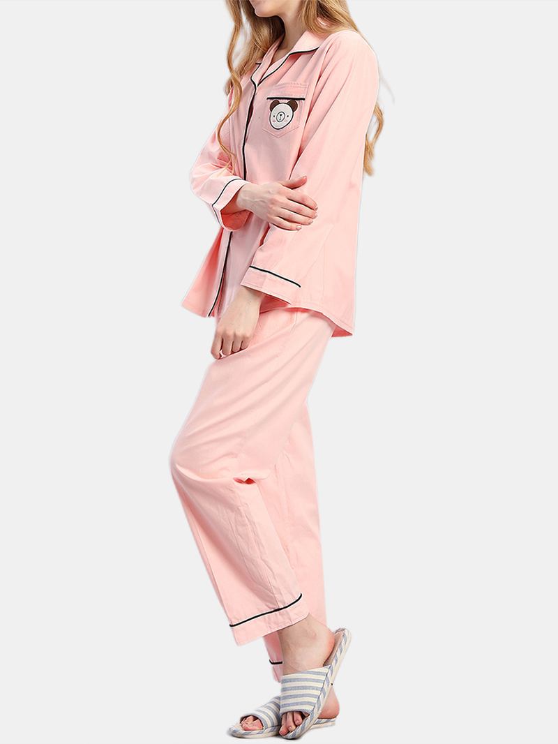 Plus Size Dam 100% Bomull Tecknad Applikation Lapel Långa Pyjamasset Med Kontrastbindning