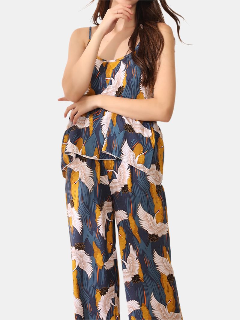 Plus Size Dam Etinic Style Crane Med Tryck Spaghetti Straps Home Pyjamas Set