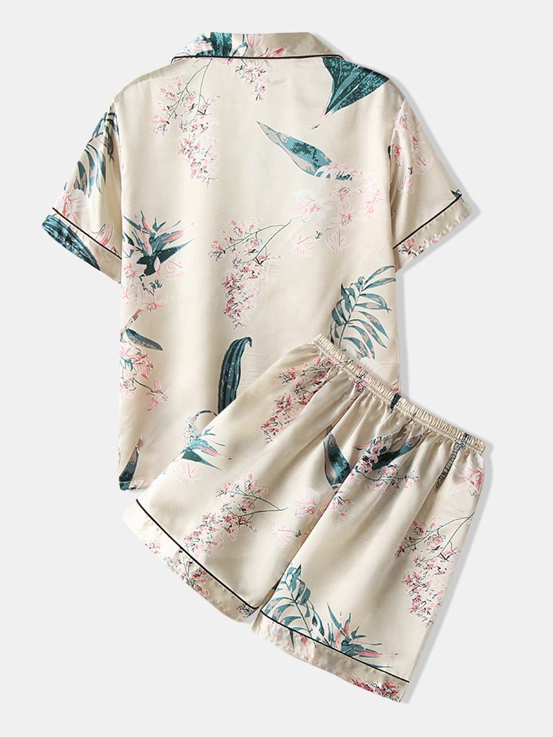Plus Size Dam Plant Med Tryck Revere Collar Faux Silk Kortärmad Lös Pyjamas Set