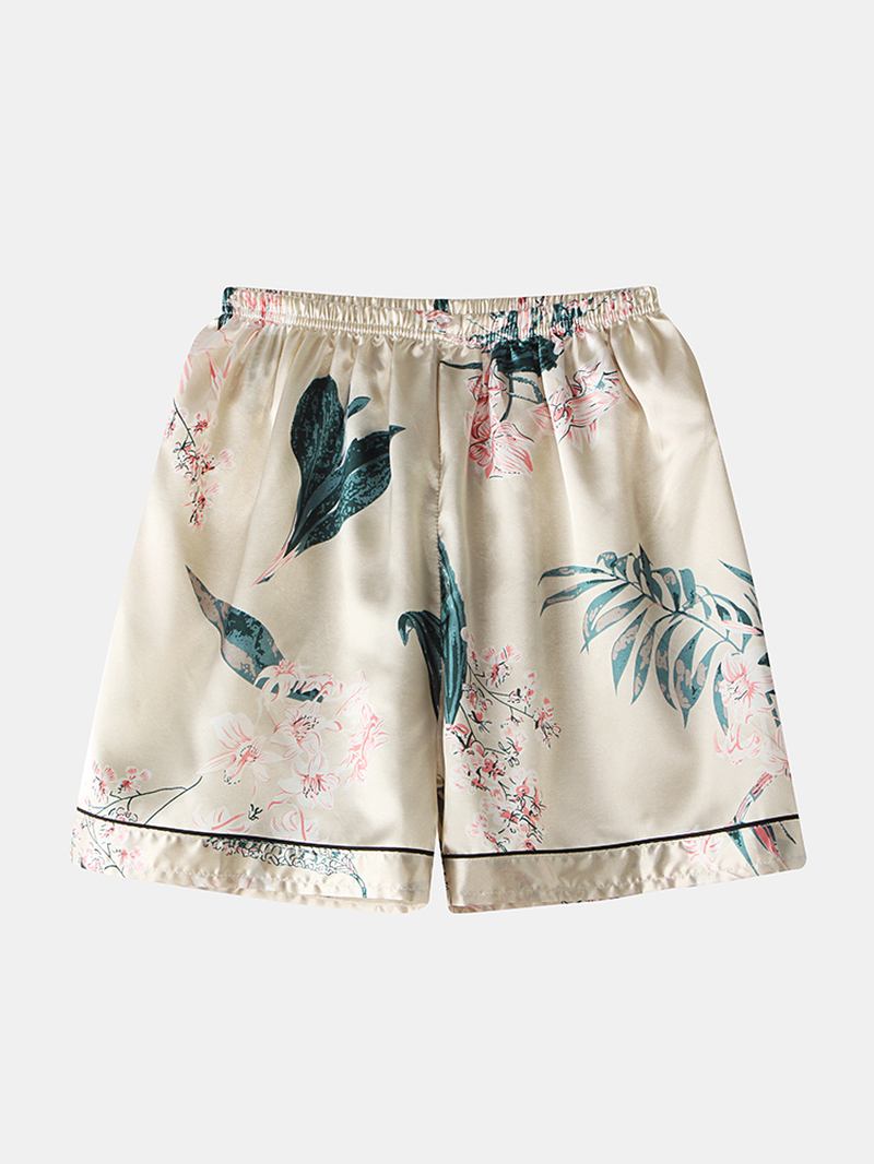 Plus Size Dam Plant Med Tryck Revere Collar Faux Silk Kortärmad Lös Pyjamas Set