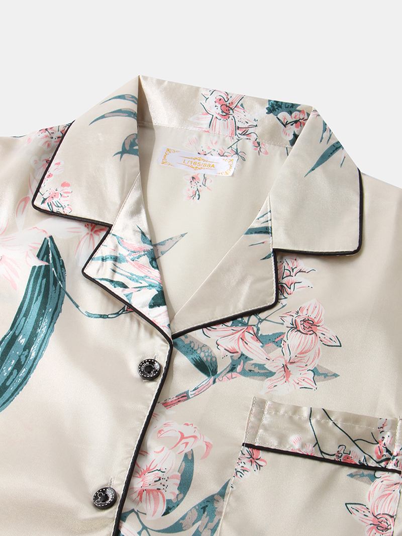 Plus Size Dam Plant Med Tryck Revere Collar Faux Silk Kortärmad Lös Pyjamas Set
