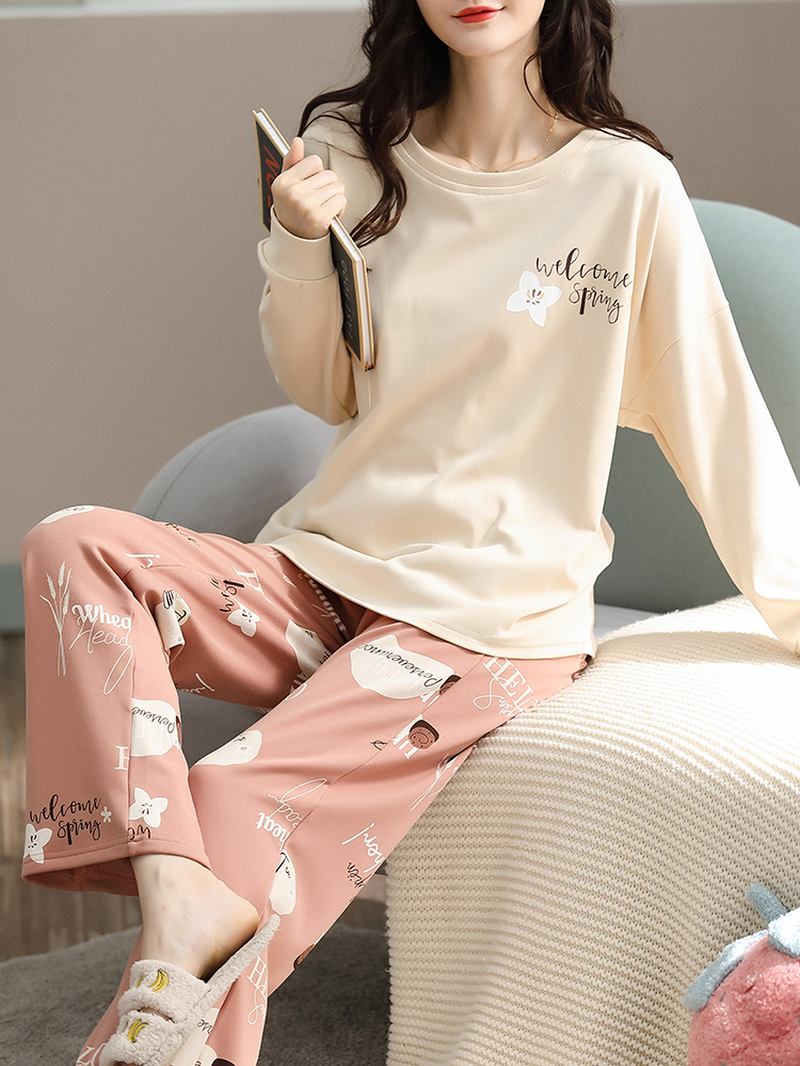 Plus Size Kvinnor Blommor & Letter Med Tryck V-hals Långärmad Home Casual Pyjamas Set