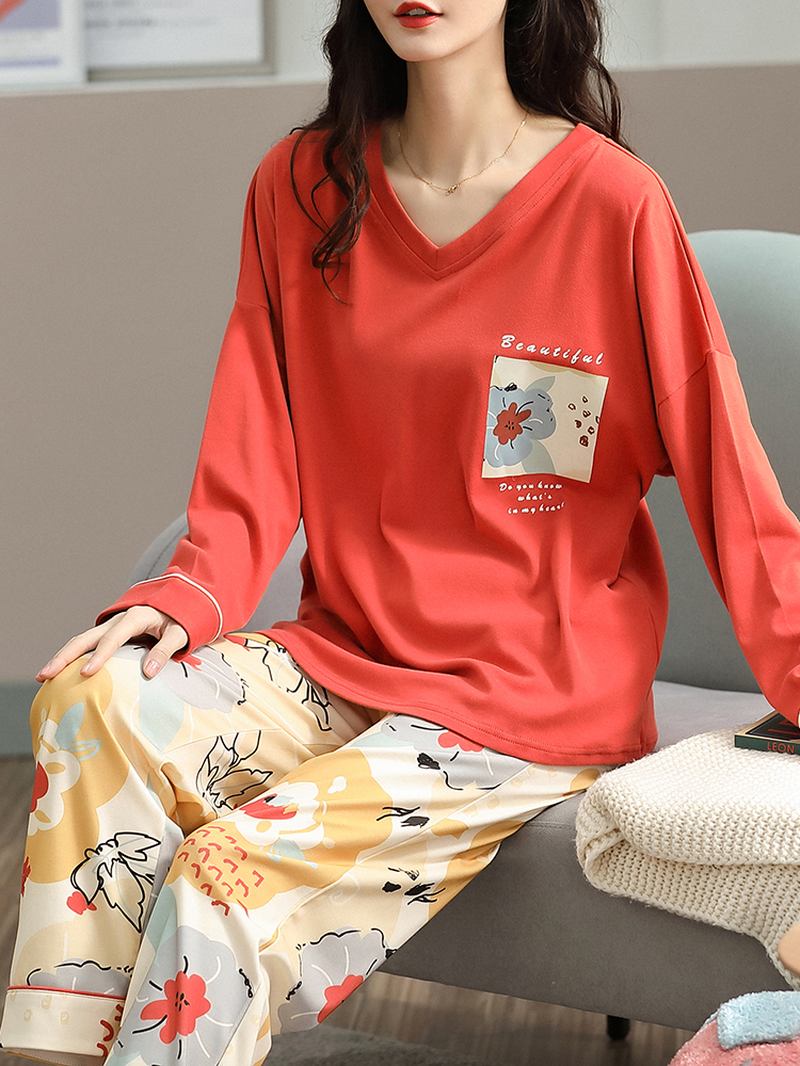 Plus Size Kvinnor Blommor & Letter Med Tryck V-hals Långärmad Home Casual Pyjamas Set