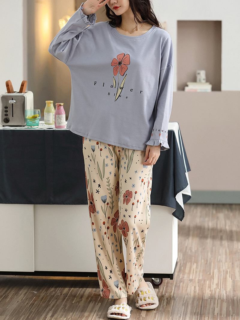 Plus Size Kvinnor Blommor & Letter Med Tryck V-hals Långärmad Home Casual Pyjamas Set