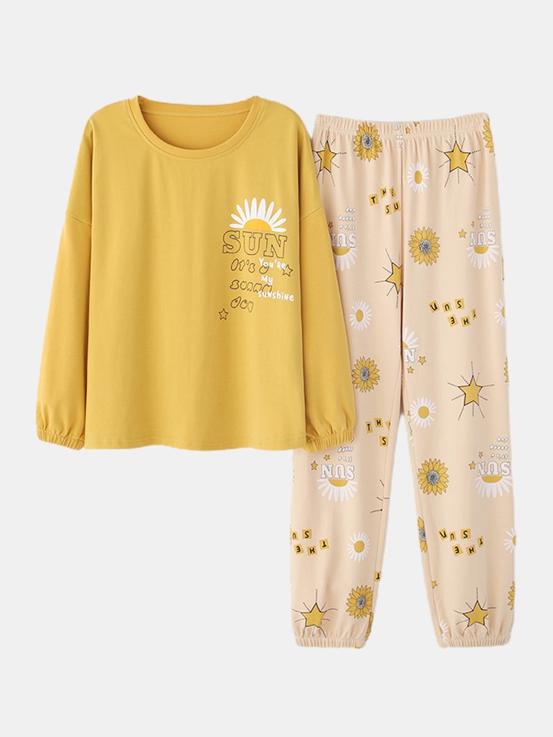 Plus Size Kvinnor Blommor & Letter Med Tryck V-hals Långärmad Home Casual Pyjamas Set