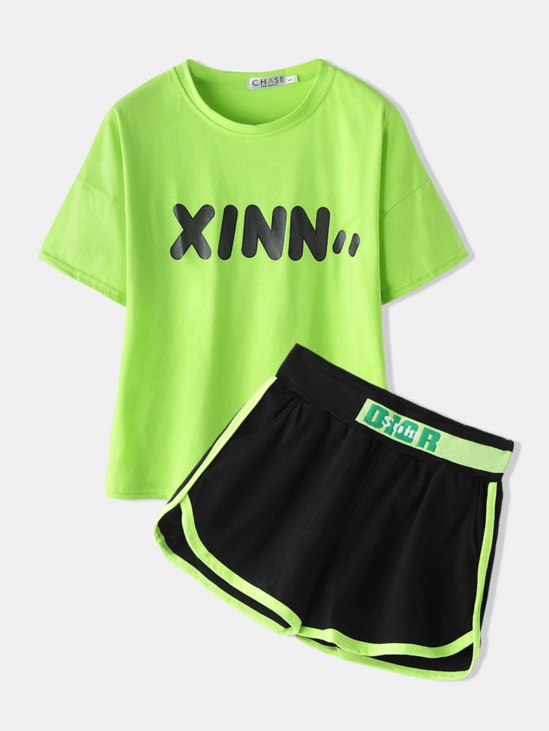 Plus Size Kvinnor Bokstavstryck Bomull Casual Pyjamas Set Med Sport Shorts