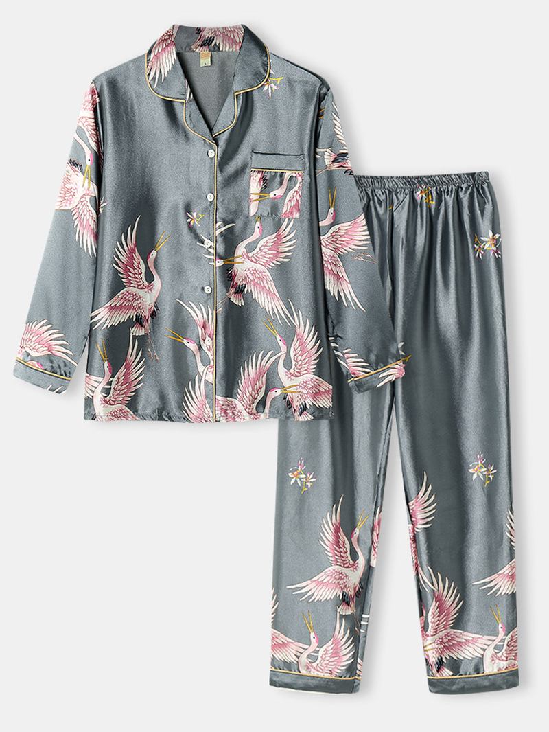 Plus Size Kvinnor Crane Pattern Revere Krage Ice Silk Hem Casual Pyjamas Set