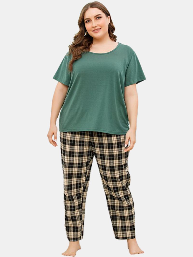 Plus Size Kvinnor Enfärgad Kortärmad Top Plädtryck Tvådelad Hem Pyjamas Set