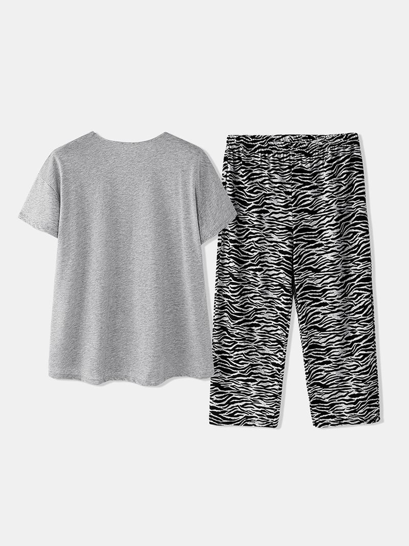 Plus Size Kvinnor Hem Bomulls Zebra Med Tryck V-neck Kortärmad Pyjamas Set