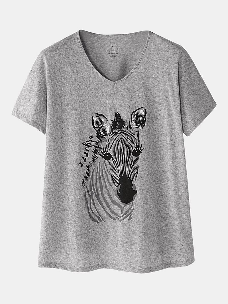 Plus Size Kvinnor Hem Bomulls Zebra Med Tryck V-neck Kortärmad Pyjamas Set