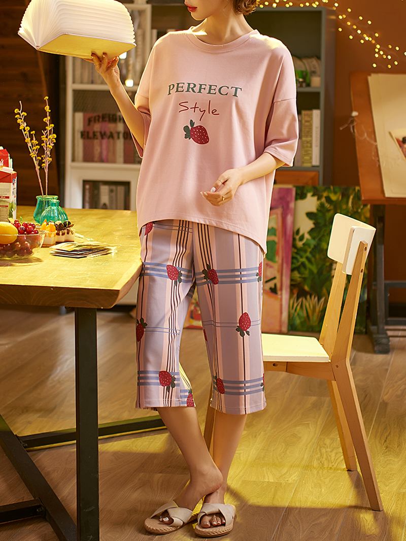 Plus Size Kvinnor Söta Tecknade Tryck Volanger Trims Kortärmad Pyjamas Set
