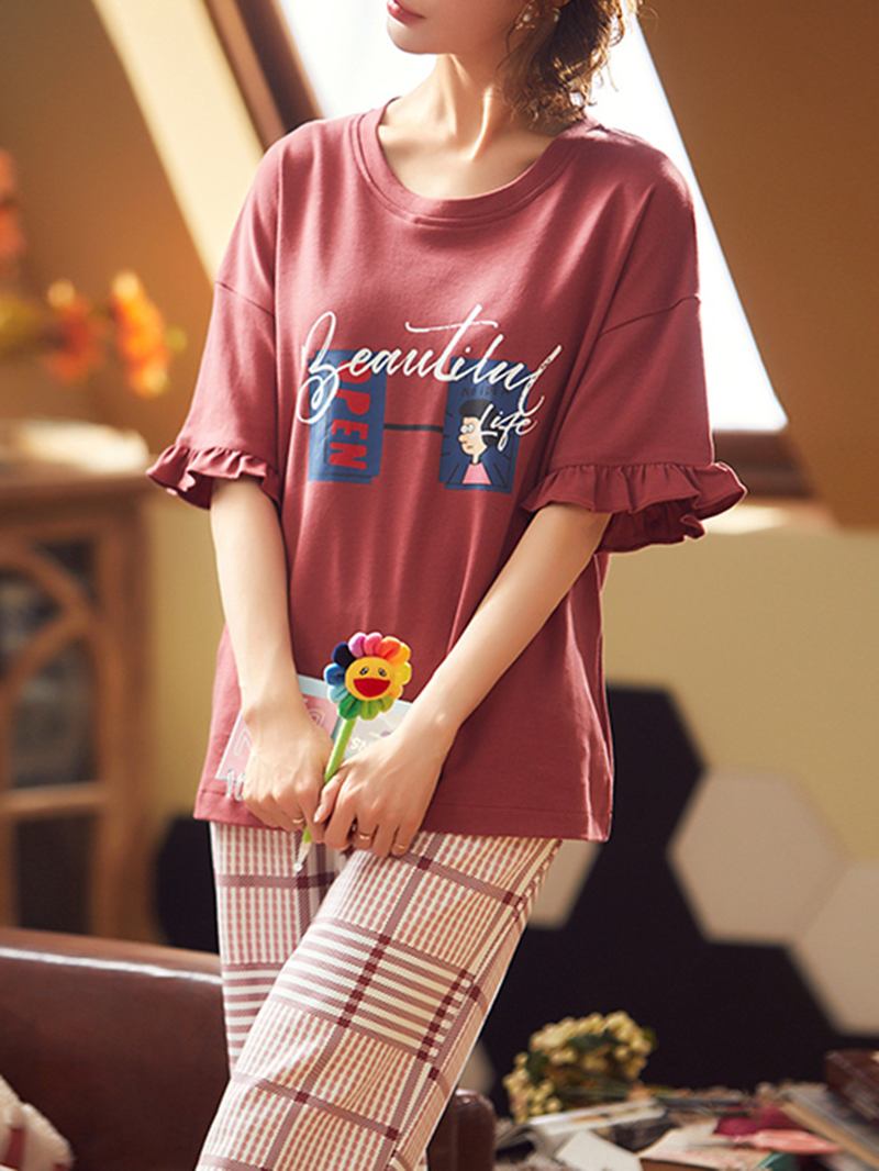 Plus Size Kvinnor Söta Tecknade Tryck Volanger Trims Kortärmad Pyjamas Set
