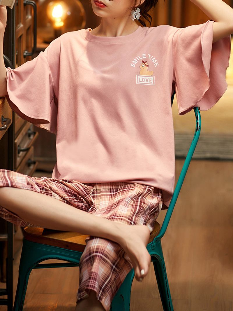 Plus Size Kvinnor Söta Tecknade Tryck Volanger Trims Kortärmad Pyjamas Set