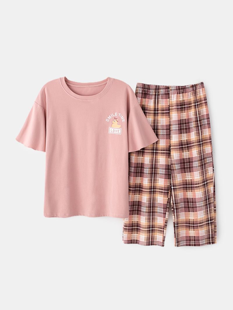 Plus Size Kvinnor Söta Tecknade Tryck Volanger Trims Kortärmad Pyjamas Set
