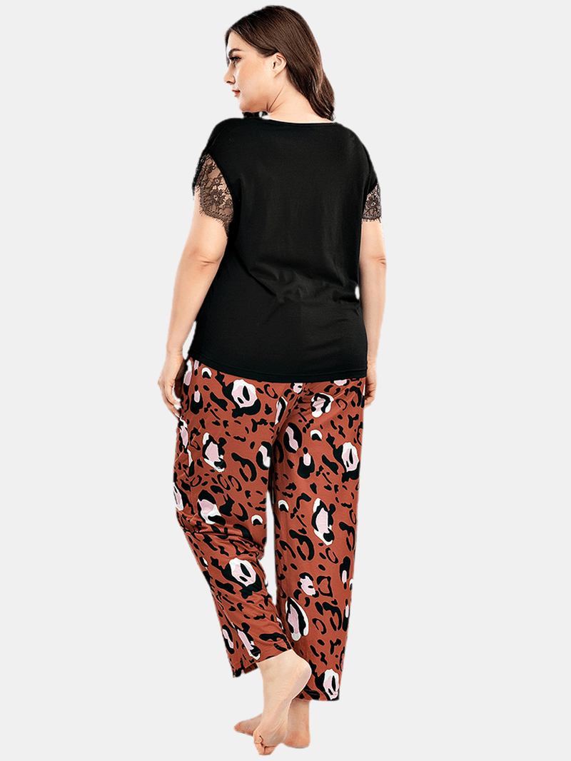 Plus Size Kvinnor Spets Svart Kortärmad Top Leopard Byxor Hem Casual Pyjamas Set