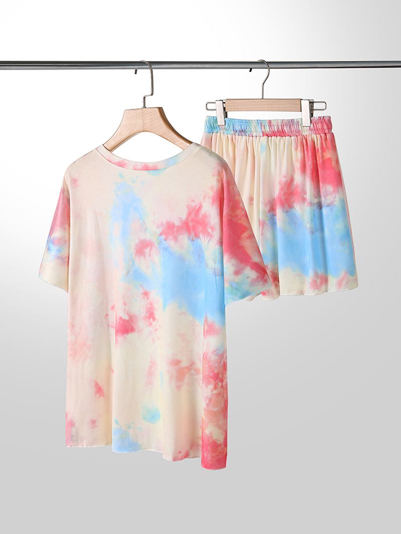 Plus Size Kvinnor Tie-dye Kortärmad Dragsko Casual Pyjamas Set