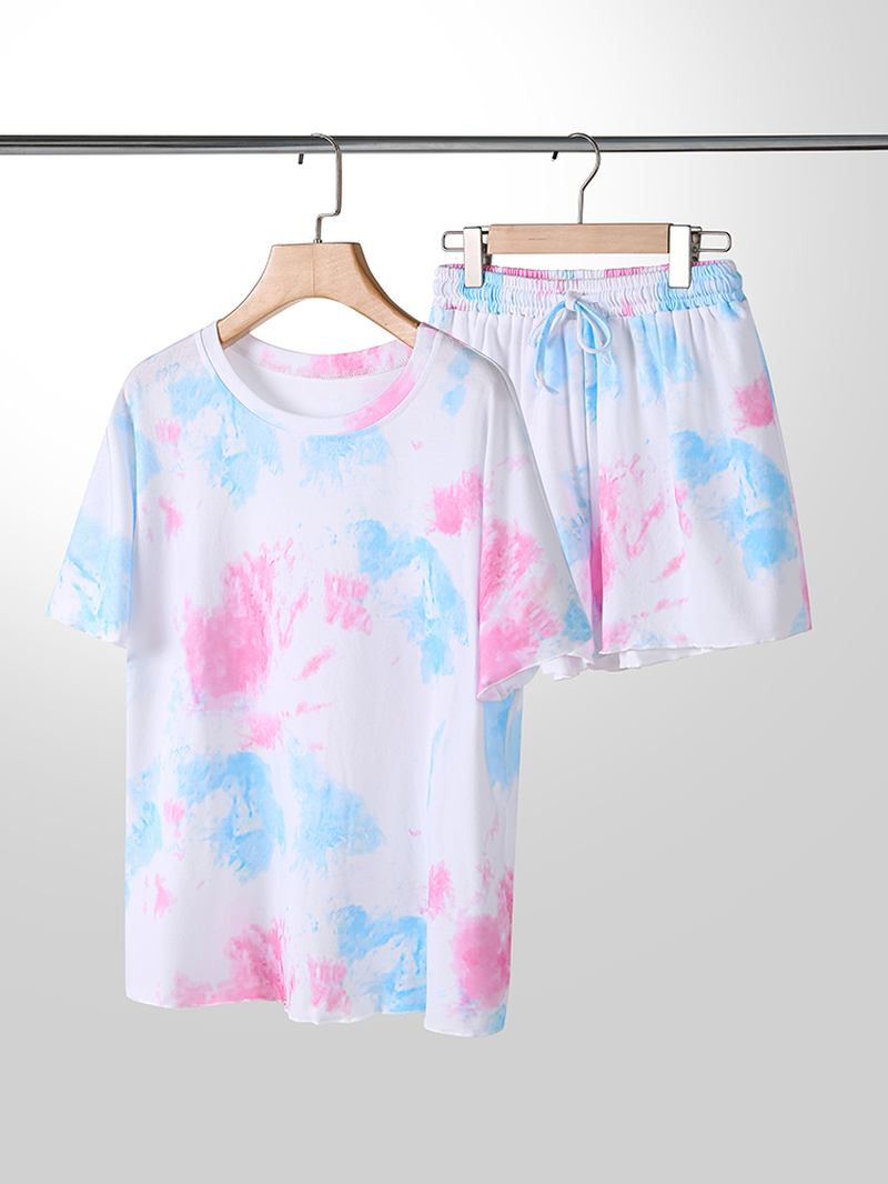 Plus Size Kvinnor Tie-dye Kortärmad Dragsko Casual Pyjamas Set