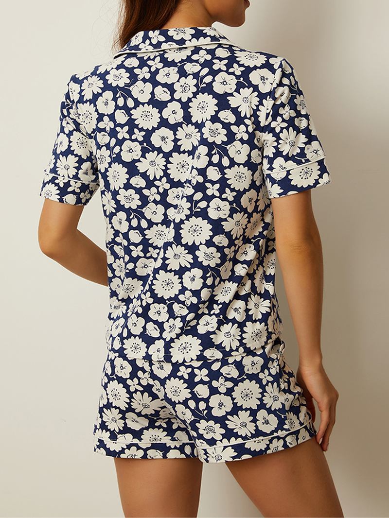 Plus Storlek Kvinnor Blommönster Revere Krage Bröstficka Kortärmad Hem Pyjamas Set