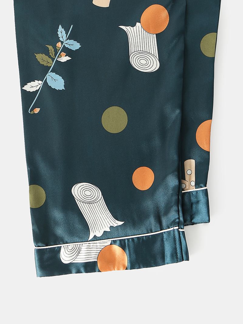 Polka Dot Plant Med Tryck Loose Fit Långärmad Revere Collar Home Lounge Pyjamas Med Ficka