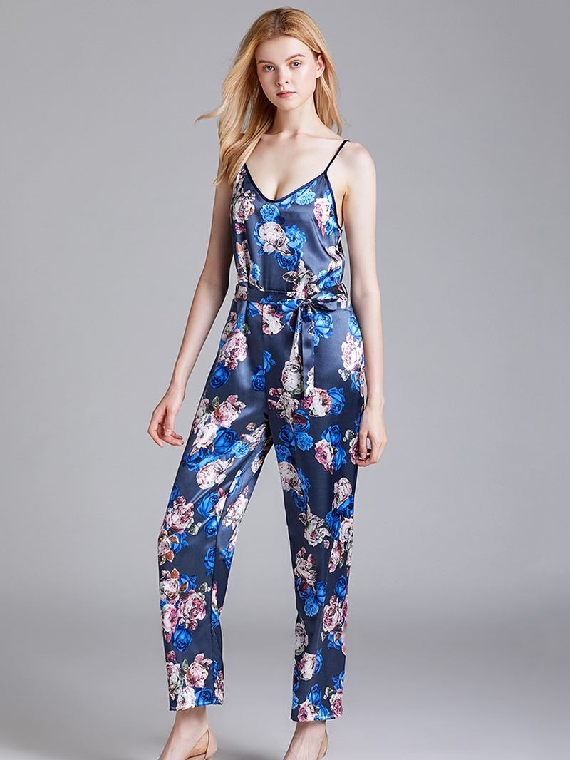 Silk Ärmlösa Jumpsuits Långbyxor Flora Tryckt Nattkläder