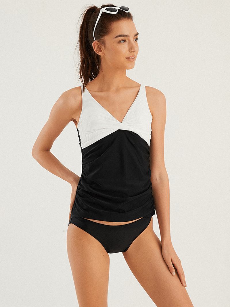 Dam Kontrastfärg Front Twisted V-neck Cover Belly Tankinis