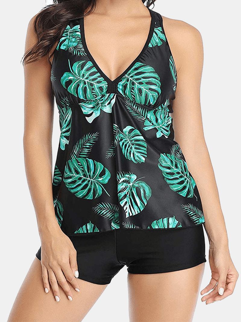 Kvinnor Plant Med Tryck Cover Belly Tankini Hawaii Holiday Badkläder