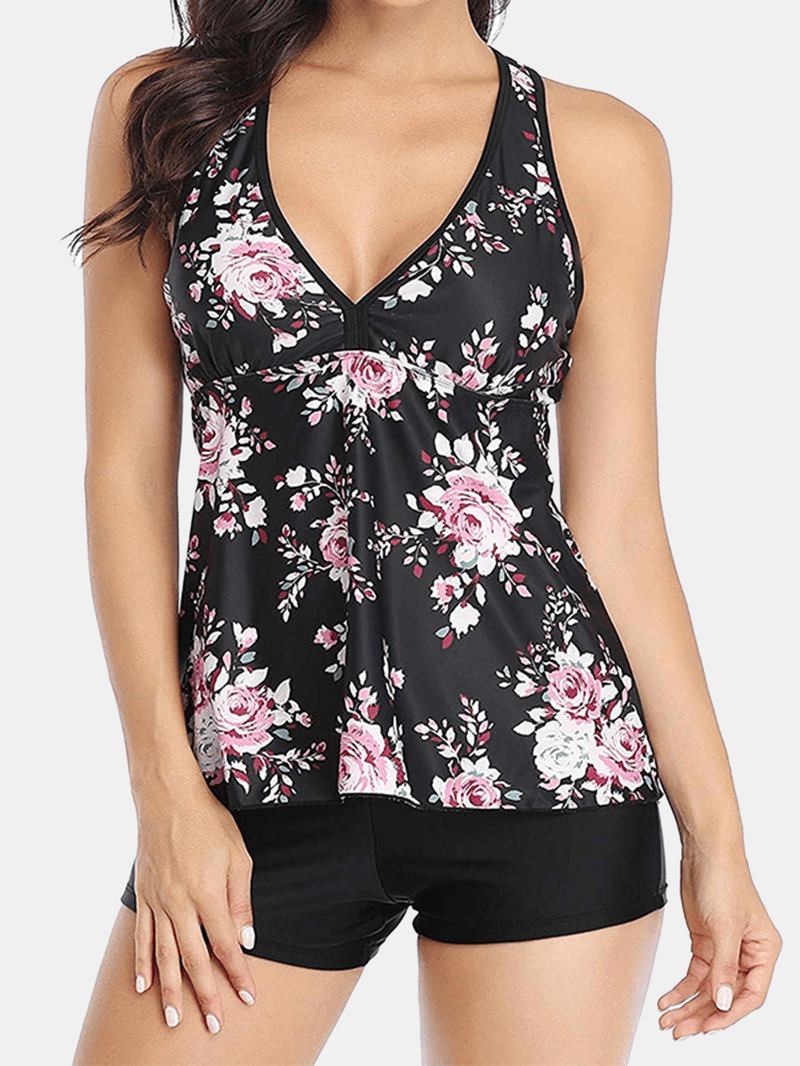 Kvinnor Plant Med Tryck Cover Belly Tankini Hawaii Holiday Badkläder