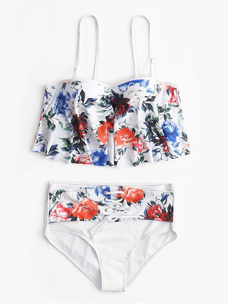 Plus Size Dam Blommor Med Tryck Spaghetti Remmar Hög Midja Bandage Tankini