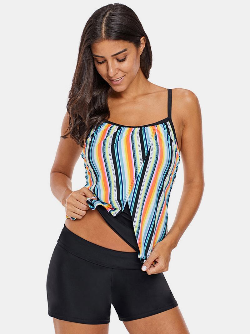 Plus Size Dam Färgglada Randiga Spaghetti Straps Ärmlösa Badkläder