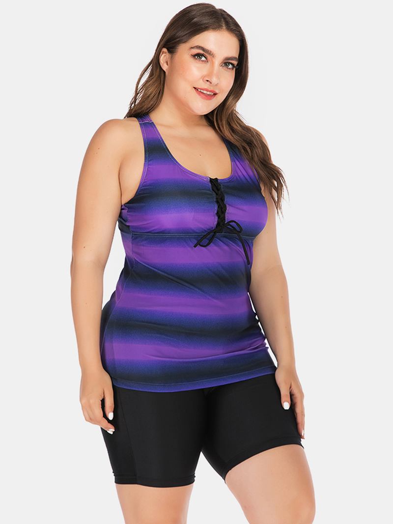 Plus Size Damer Front Bandage Stripe Top Tvådelad Badkläder Cover Belly Tankinis