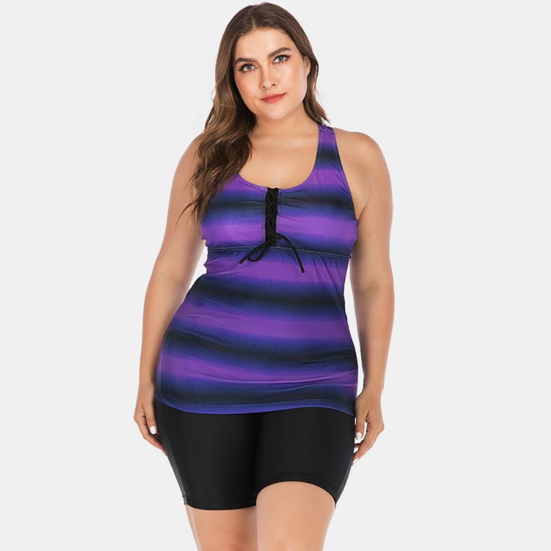Plus Size Damer Front Bandage Stripe Top Tvådelad Badkläder Cover Belly Tankinis