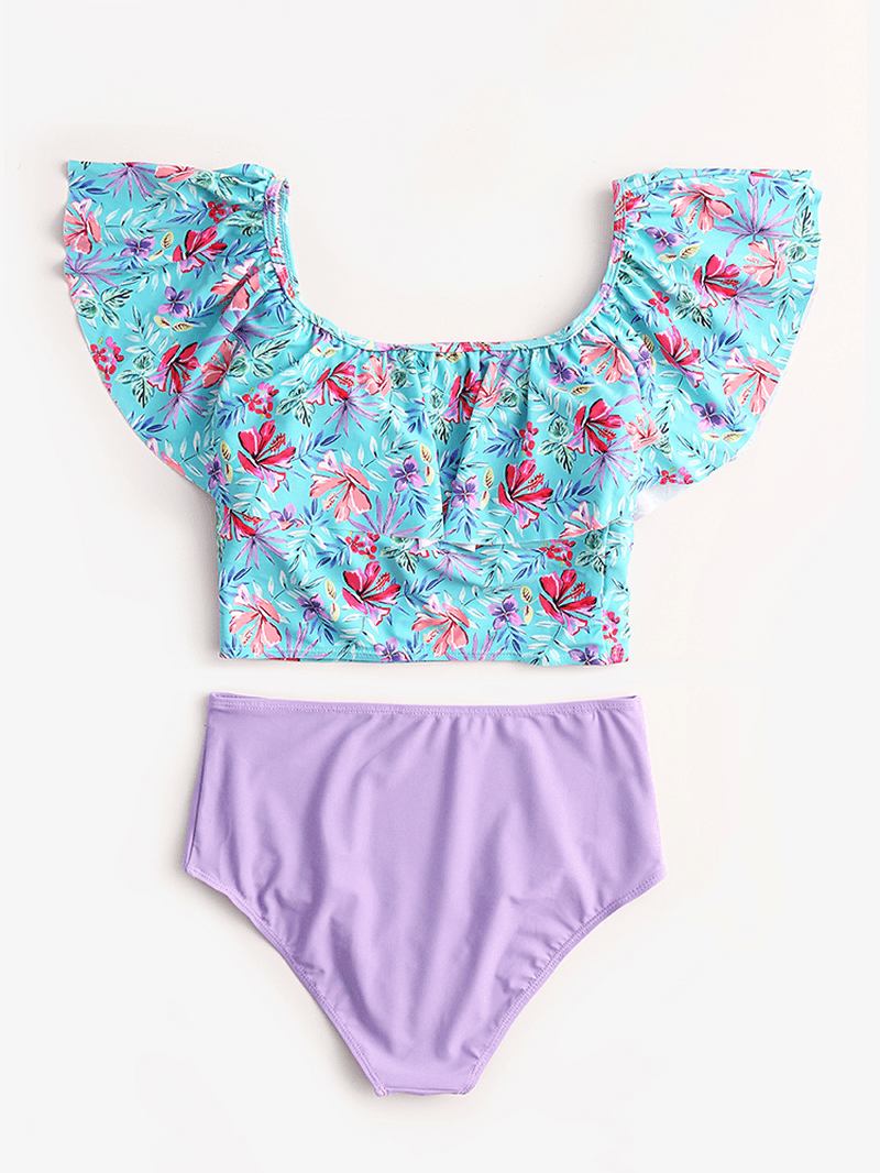 Tropical Plant Med Tryck Volanger High Waist Bikini Hawaii Casual Baddräkt För Kvinnor