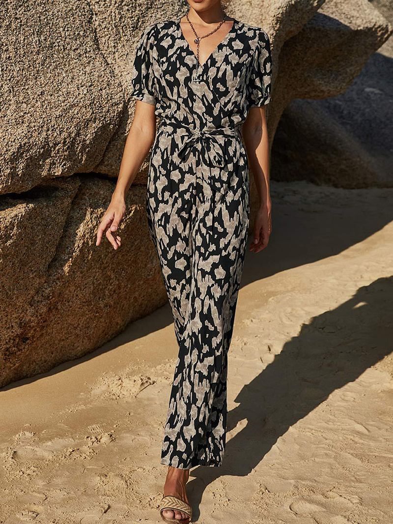 Casual Leopard Med Tryck V-hals Knotted Kortärmad Jumpsuits För Kvinnor