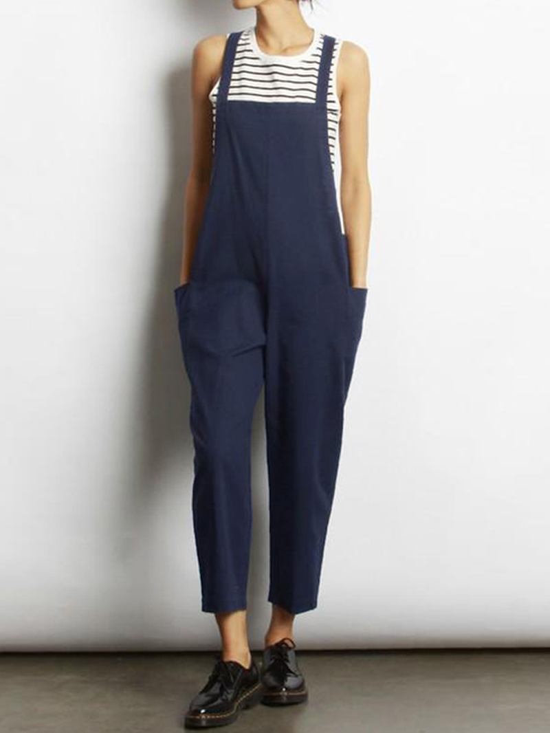 Kvinnor Ärmlös Cross Back Overall Jumpsuit Med Fickor