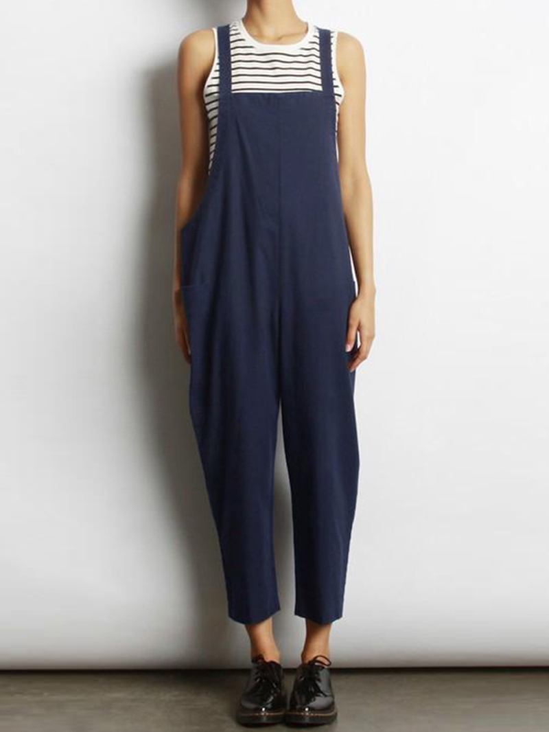 Kvinnor Ärmlös Cross Back Overall Jumpsuit Med Fickor