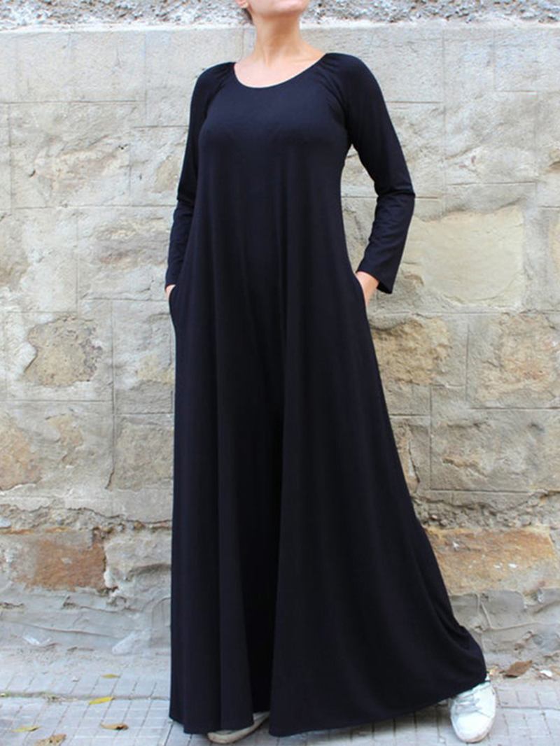Kvinnor Enfärgad Rund Hals Långärmad Jumpsuit Med Breda Ben Med Sidoficka