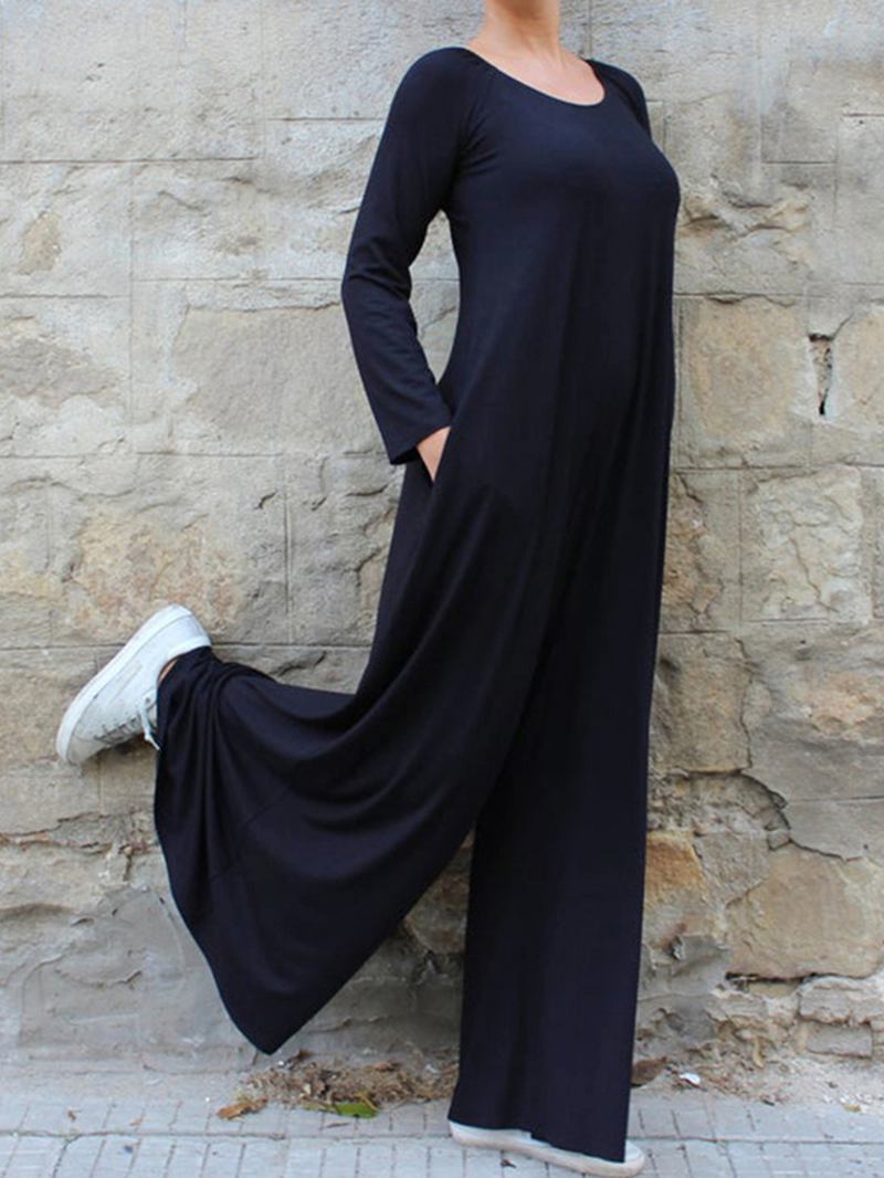 Kvinnor Enfärgad Rund Hals Långärmad Jumpsuit Med Breda Ben Med Sidoficka