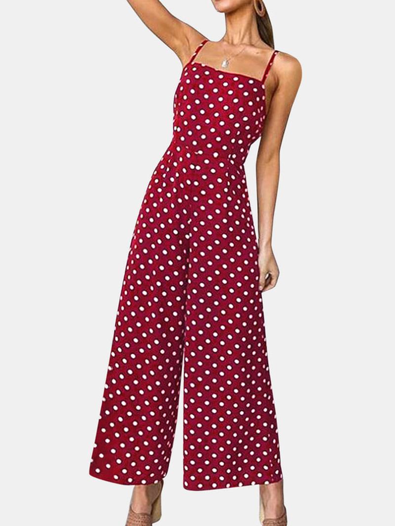 Kvinnor Polka Dot Spaghetti Strap Long Rompers Wide Leg Jumpsuit