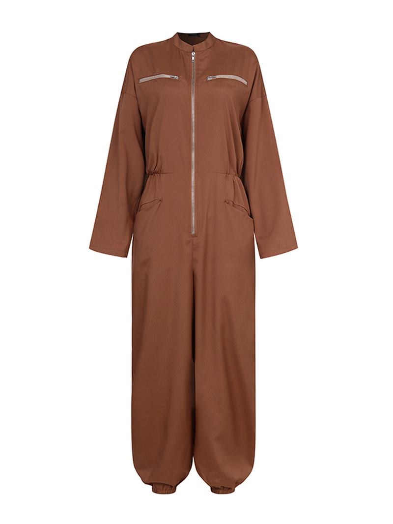 Kvinnor Zip Front Långärmad Beam Feet Cargo Enfärgade Jumpsuits Med Ficka