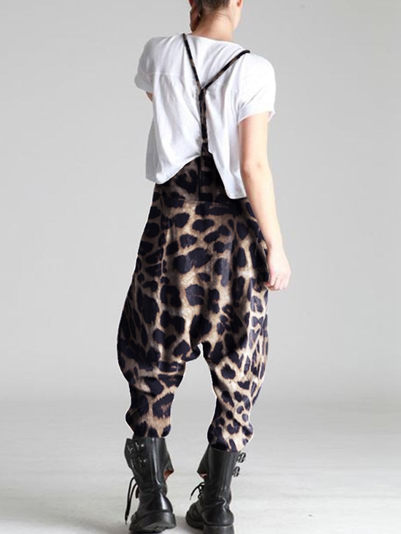 Leopardtrycksremmar Knapp Lösa Casual Harem Jumpsuits För Kvinnor