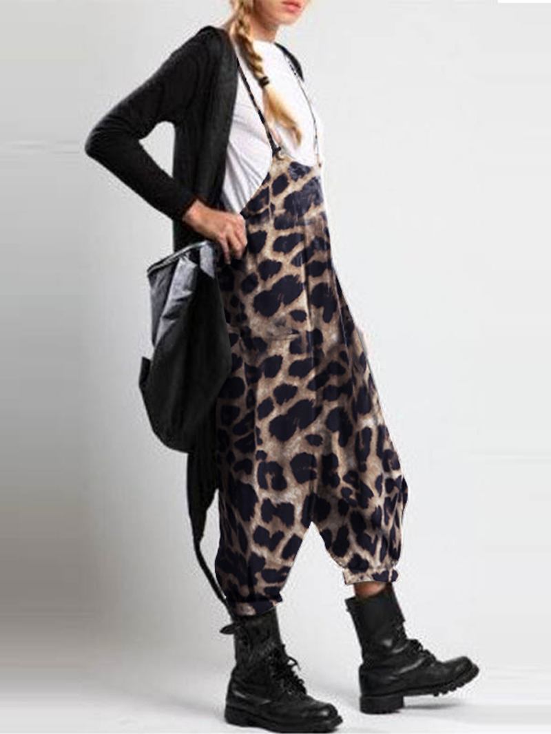 Leopardtrycksremmar Knapp Lösa Casual Harem Jumpsuits För Kvinnor