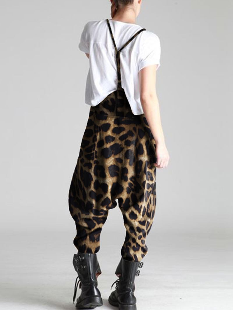 Leopardtrycksremmar Knapp Lösa Casual Harem Jumpsuits För Kvinnor
