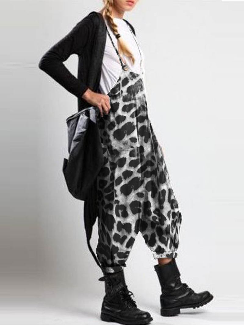 Leopardtrycksremmar Knapp Lösa Casual Harem Jumpsuits För Kvinnor