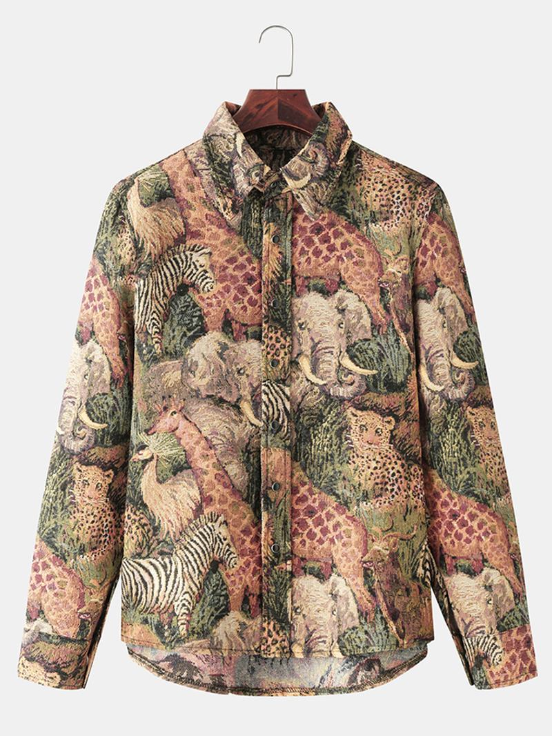 Herr 3d Allover Djurtryck Roving Button Up Lapel Collar Casual Overshirt